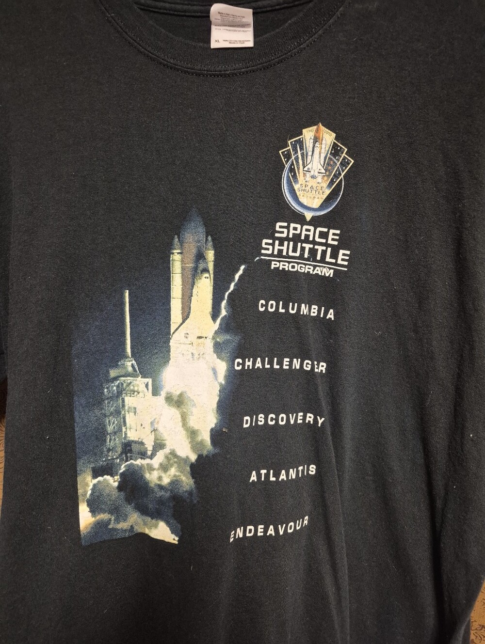 Black Space Shuttle Program Graphic Tee with Launch Artwork